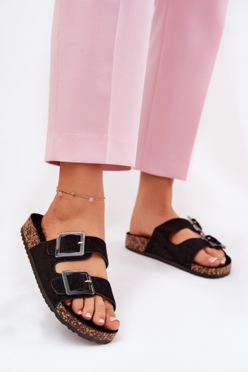 Chaussons pour femmes avec boucles sur semelle en liège couleur noire avec cœurs 2