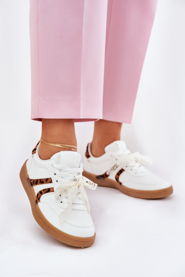 Baskets basses pour femmes avec lacets et motifs en fourrure de léopard couleur blanche Zielle 2