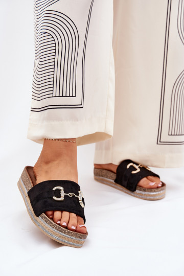 Pantoufles pour femmes avec plateforme, détails dorés et paillettes couleur noire Morisela