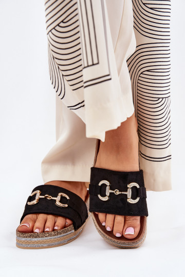 Pantoufles pour femmes avec une plateforme avec des détails dorés Et des paillettes couleur noire Morisela 2