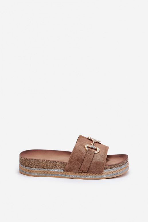 Pantoufles pour femmes avec une plateforme avec des détails dorés Et des paillettes couleur kaki Morisela Pantoufles pour femmes avec une plateforme avec des détails dorés Et des paillettes couleur kaki Morisela