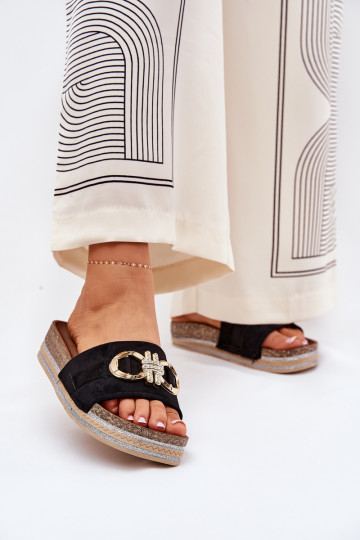 Chaussons pour femmes avec plateforme et éclat, ornés d'une décoration dorée couleur noire Rilirea