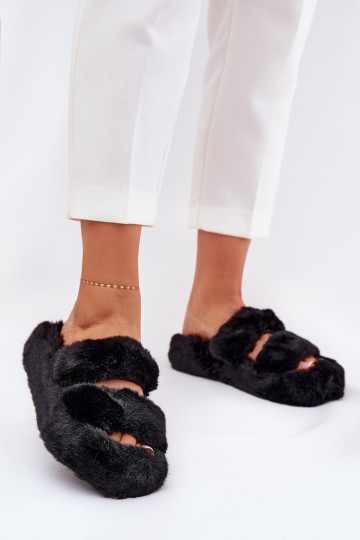 Chaussons pour femmes en fausse fourrure avec plateforme couleur noire Talfedi