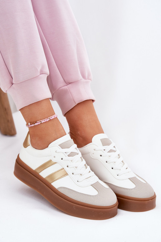 Chaussures modèle baskets Féminin avec une plateforme en cuir écologique Blanc-couleur dorée Elaraven Chaussures modèle baskets Féminin avec une plateforme en cuir écologique Blanc-couleur dorée Elaraven