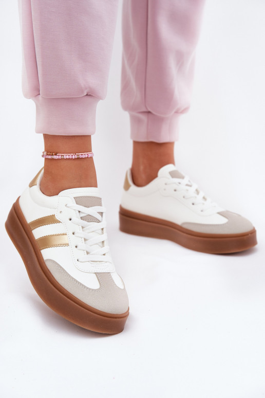 Chaussures modèle baskets Féminin avec une plateforme en cuir écologique Blanc-couleur dorée Elaraven Chaussures modèle baskets Féminin avec une plateforme en cuir écologique Blanc-couleur dorée Elaraven