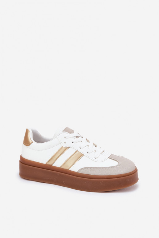 Chaussures modèle baskets Féminin avec une plateforme en cuir écologique Blanc-couleur dorée Elaraven Chaussures modèle baskets Féminin avec une plateforme en cuir écologique Blanc-couleur dorée Elaraven