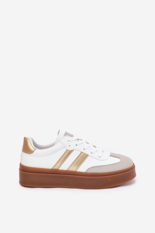 Chaussures modèle baskets Féminin avec une plateforme en cuir écologique Blanc-couleur dorée Elaraven Chaussures modèle baskets Féminin avec une plateforme en cuir écologique Blanc-couleur dorée Elaraven