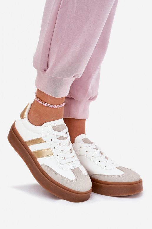 Chaussures modèle baskets Féminin avec une plateforme en cuir écologique Blanc-couleur dorée Elaraven Chaussures modèle baskets Féminin avec une plateforme en cuir écologique Blanc-couleur dorée Elaraven