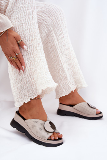 Chaussons en cuir beige pour femmes avec motifs S.Barski LR51-662