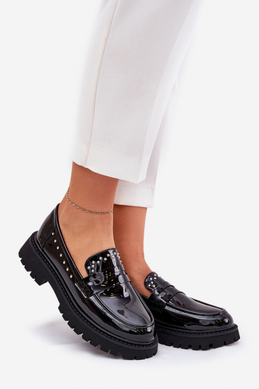 Mocassins femmes avec effet vernis et décoration couleur noir Įjungtallae