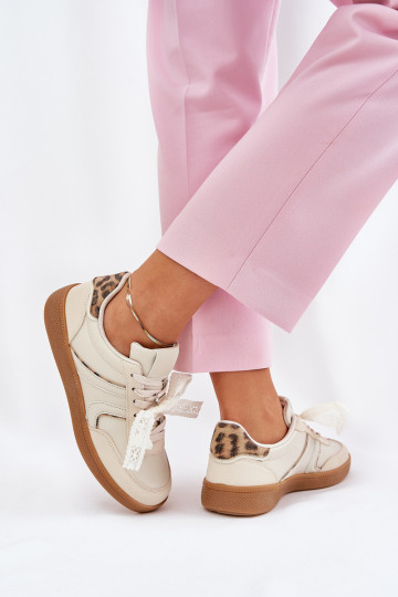 Baskets basses pour femmes avec lacets et motifs en fourrure de léopard couleur sable Zielle 2