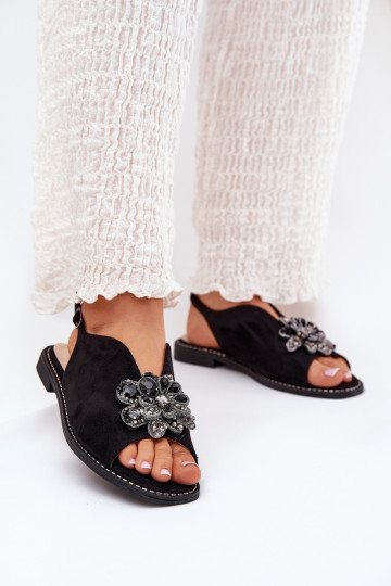 Sandales pour femmes avec des talons larges avec des ornements S.Barski KV27-001 couleur noire