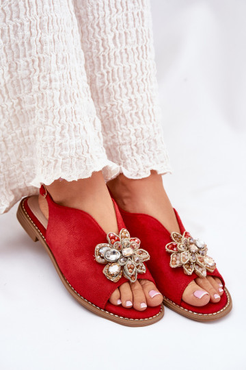 Sandales pour femmes avec des talons larges avec des ornements S.Barski KV27-001 couleur rouge