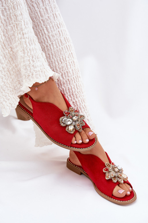 Sandales pour femmes avec des talons larges avec des ornements S.Barski KV27-001 couleur rouge