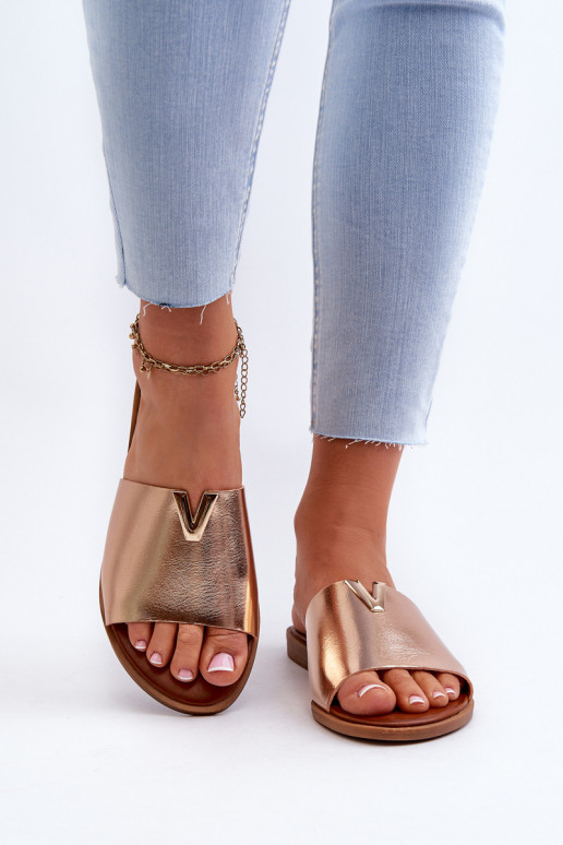 Pantoufles pour femmes Eko Peau avec des talons larges couleur dorée Il fautliha