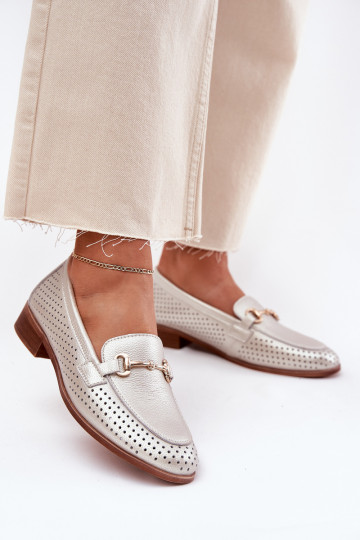 Peau mocassins pour femmes avec des ornements avec des talons larges S.Barski LR51-594 couleur argent