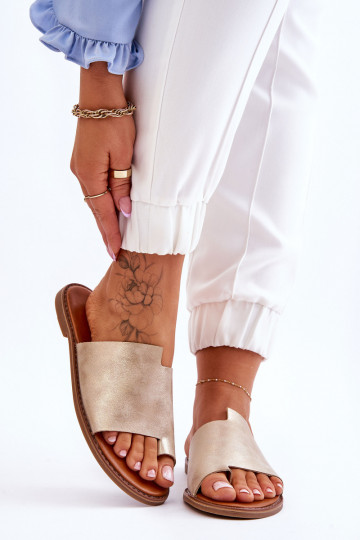 Chaussons en cuir féminin, couleur or clair, « Amite »