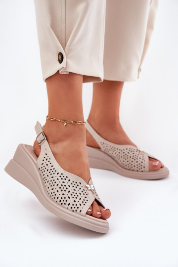 Chaussures en cuir ajourées sable pour femmes à talons, Vinceza 79529