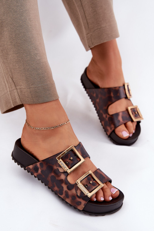 Parfumé Pantoufles pour femmes avec boucles avec des motifs en fourrure de léopard ZAXY RR285059 marron