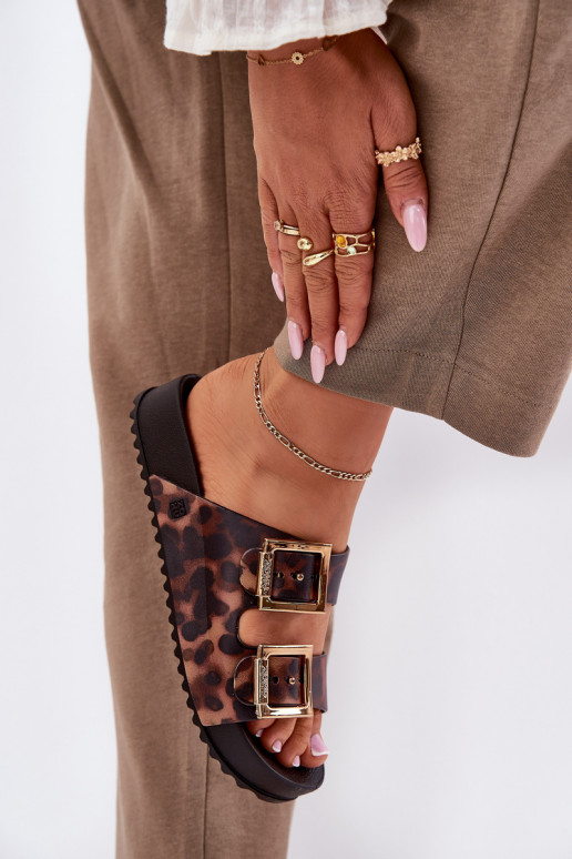 Parfumé Pantoufles pour femmes avec boucles avec des motifs en fourrure de léopard ZAXY RR285059 marron