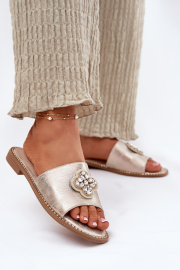 Pantoufles pour femmes avec des talons larges Avec des décorations Detalem S.Barski KV51-087 couleur dorée 2