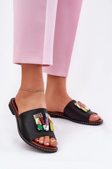 Chaussons noirs pour femmes avec talons larges et ornements, « Clelione » 2