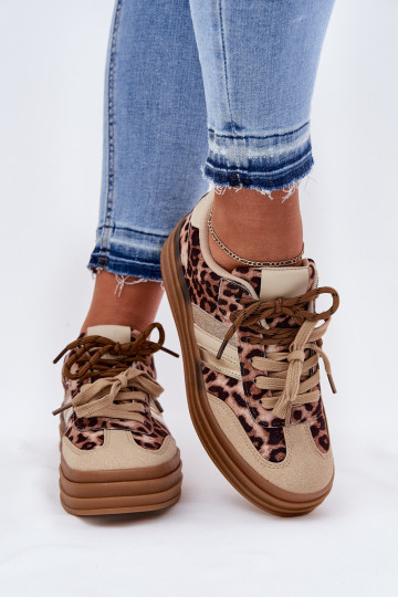 Chaussures modèle baskets Féminin avec une plateforme Z PodÀójnym Laçagem avec des motifs en fourrure de léopard beige Niteria 2