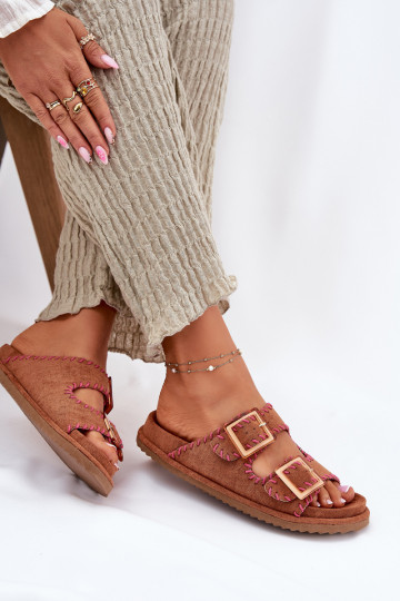 Pantoufles pour femmes avec boucles I Ozdobnym Obszyciem marron Visley