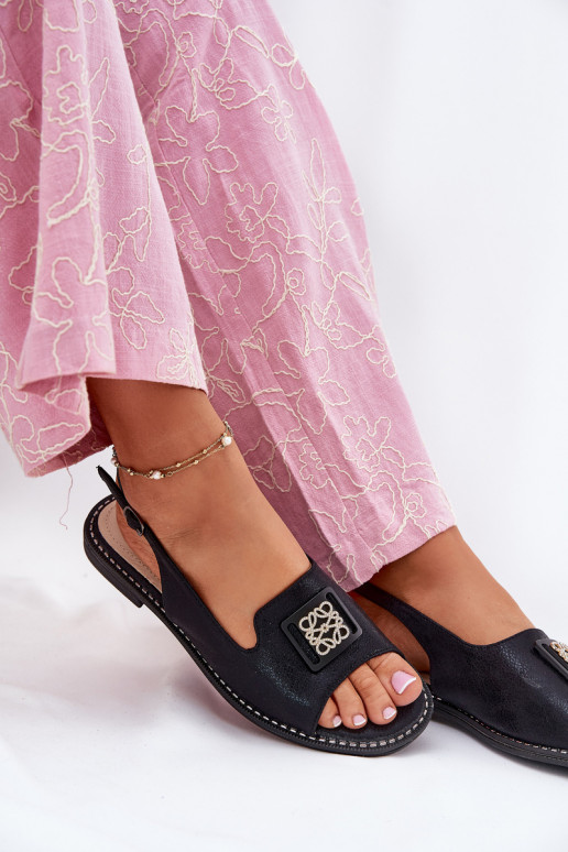 Style élégant Sandales pour femmes avec des talons larges avec des ornements S.Barski KV51-082 couleur noire