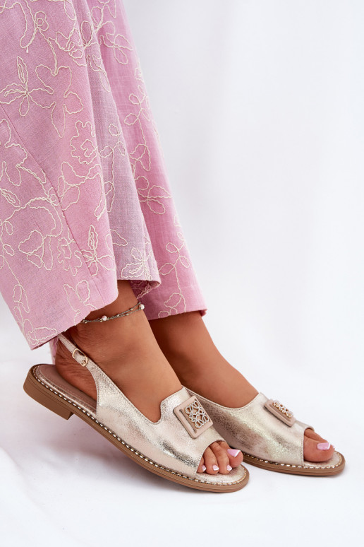 Style élégant Sandales pour femmes avec des talons larges avec des ornements S.Barski KV51-082 couleur dorée