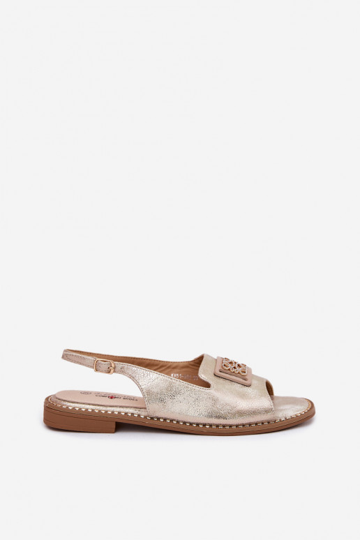 Style élégant Sandales pour femmes avec des talons larges avec des ornements S.Barski KV51-082 couleur dorée