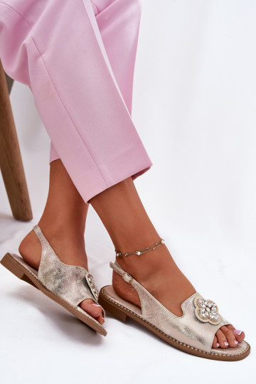 Sandales pour femmes avec des talons larges Avec des décorations Detalem S.Barski KV51-080 couleur dorée