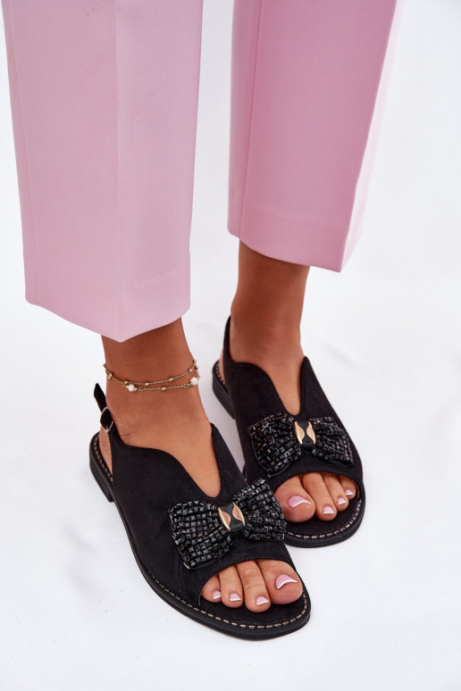 Sandales pour femmes avec des rubans avec des talons larges S.Barski KV51-014 couleur noire