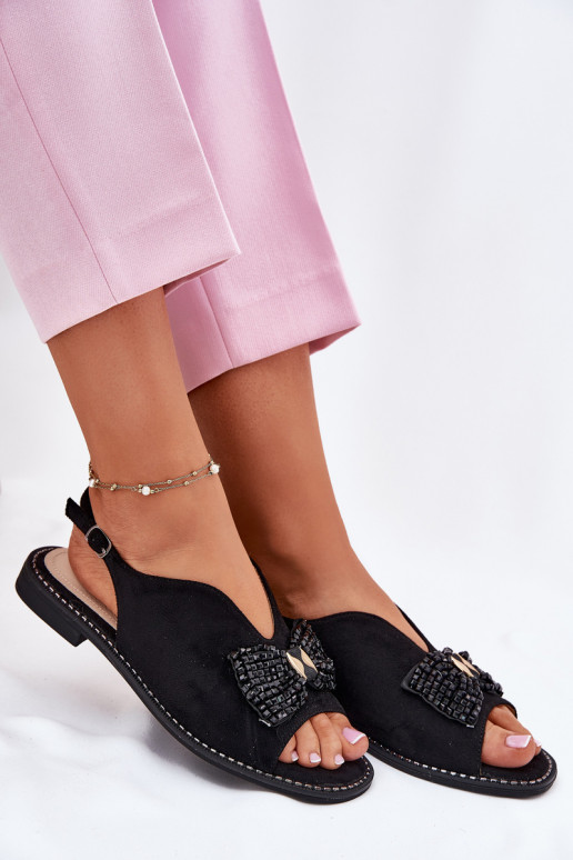 Sandales pour femmes avec des rubans avec des talons larges S.Barski KV51-014 couleur noire