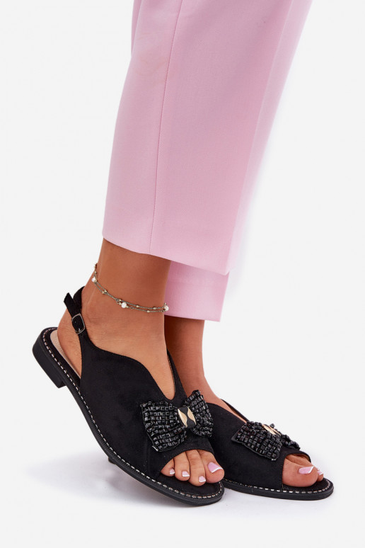 Sandales pour femmes avec des rubans avec des talons larges S.Barski KV51-014 couleur noire