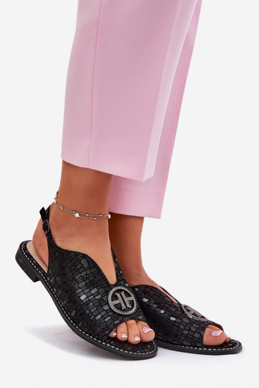 Sandales pour femmes avec des talons larges avec des ornements S.Barski KV51-094 couleur noire