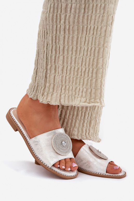 Pantoufles pour femmes avec des talons larges avec des ornements S.Barski KV51-013 couleur argent