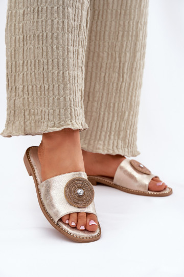 Pantoufles pour femmes avec des talons larges avec des ornements S.Barski KV51-013 couleur dorée