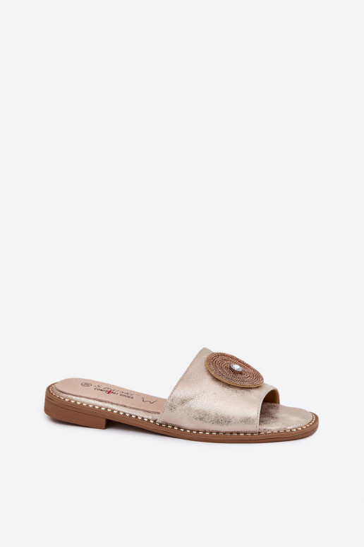 Pantoufles pour femmes avec des talons larges avec des ornements S.Barski KV51-013 couleur dorée