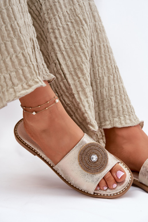 Pantoufles pour femmes avec des talons larges avec des ornements S.Barski KV51-013 couleur dorée