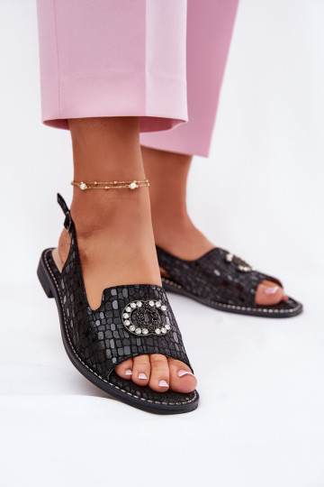 Sandales pour femmes avec des ornements avec des talons larges S.Barski KV51-096 couleur noire 2