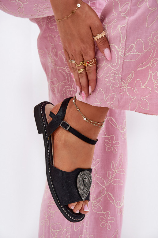 Sandales pour femmes avec des talons larges avec des ornements S.Barski KV51-098 couleur noire