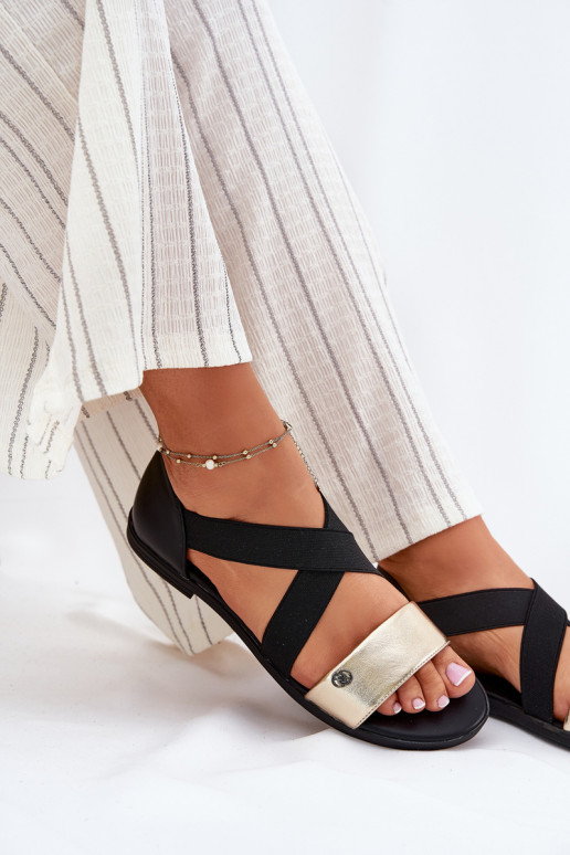 Sandales plates pour femmes Z Elastycznymi Paskami Noir et-couleur dorée Il fautrinea Sandales plates pour femmes Z Elastycznymi Paskami Noir et-couleur dorée Il fautrinea
