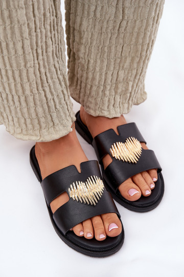 Pantoufles pour femmes avec des talons larges avec des détails dorés couleur noire Karinma