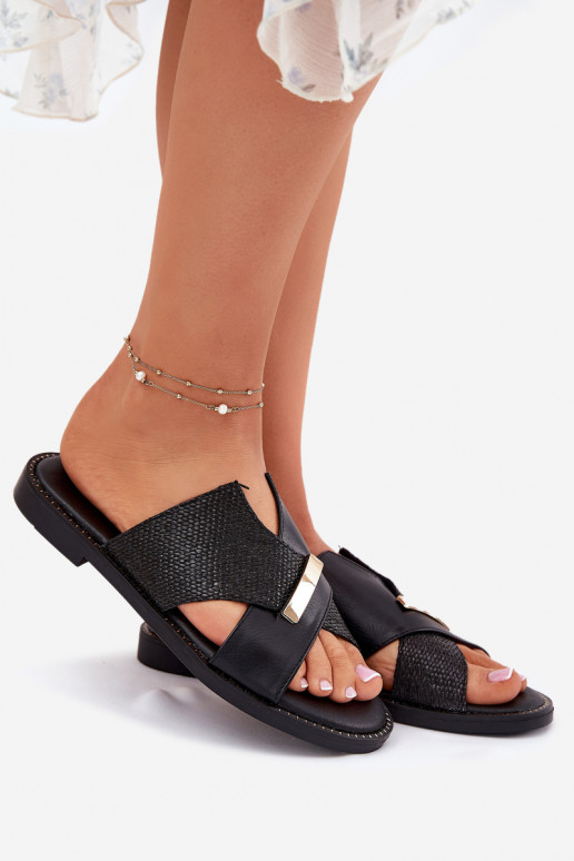 Pantoufles plates pour femmes Avec des décorations Detalem Vinceza 17385 couleur noire