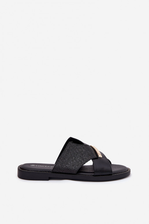 Pantoufles plates pour femmes Avec des décorations Detalem Vinceza 17385 couleur noire