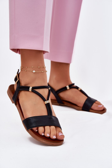 Féminin Sandales plates avec des bandes S.Barski KV51-120 couleur noire 2