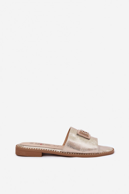 Pantoufles plates pour femmes avec des ornements S.Barski KV51-089 couleur dorée