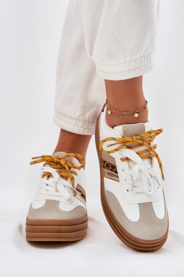 Baskets de style sportif pour femmes blanches avec plateforme, lacets doubles et motif léopard, "Niteria"