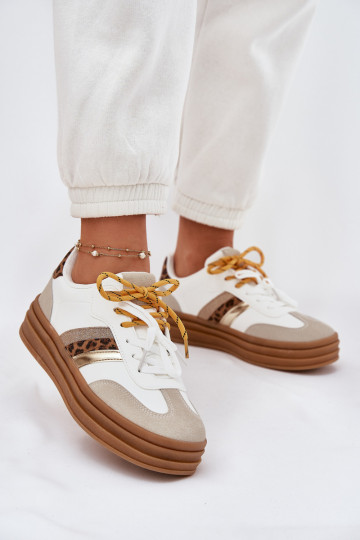 Baskets de style sportif pour femmes blanches avec plateforme, lacets doubles et motif léopard, "Niteria" 2